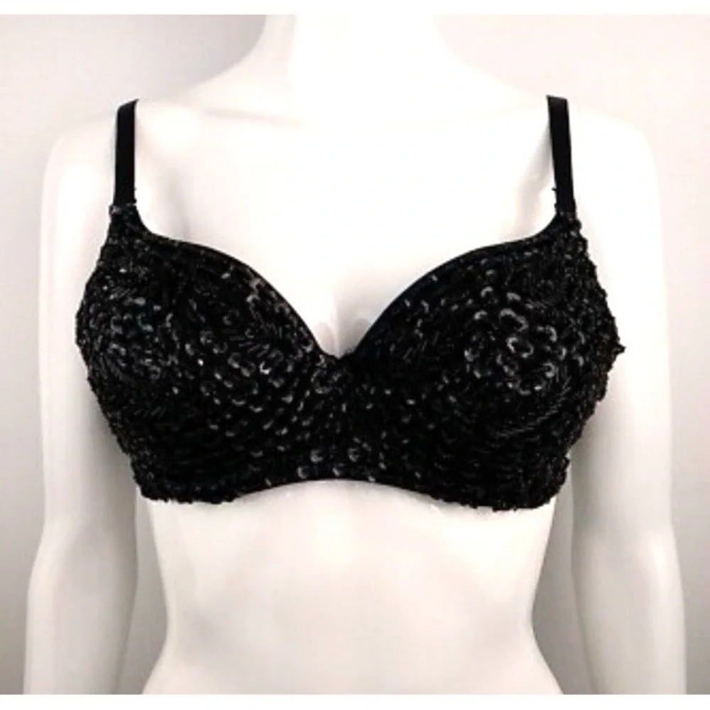Black Beaded Sequin Bra 38 Band‎ Dance Costume Festival Rave Padded Convertible